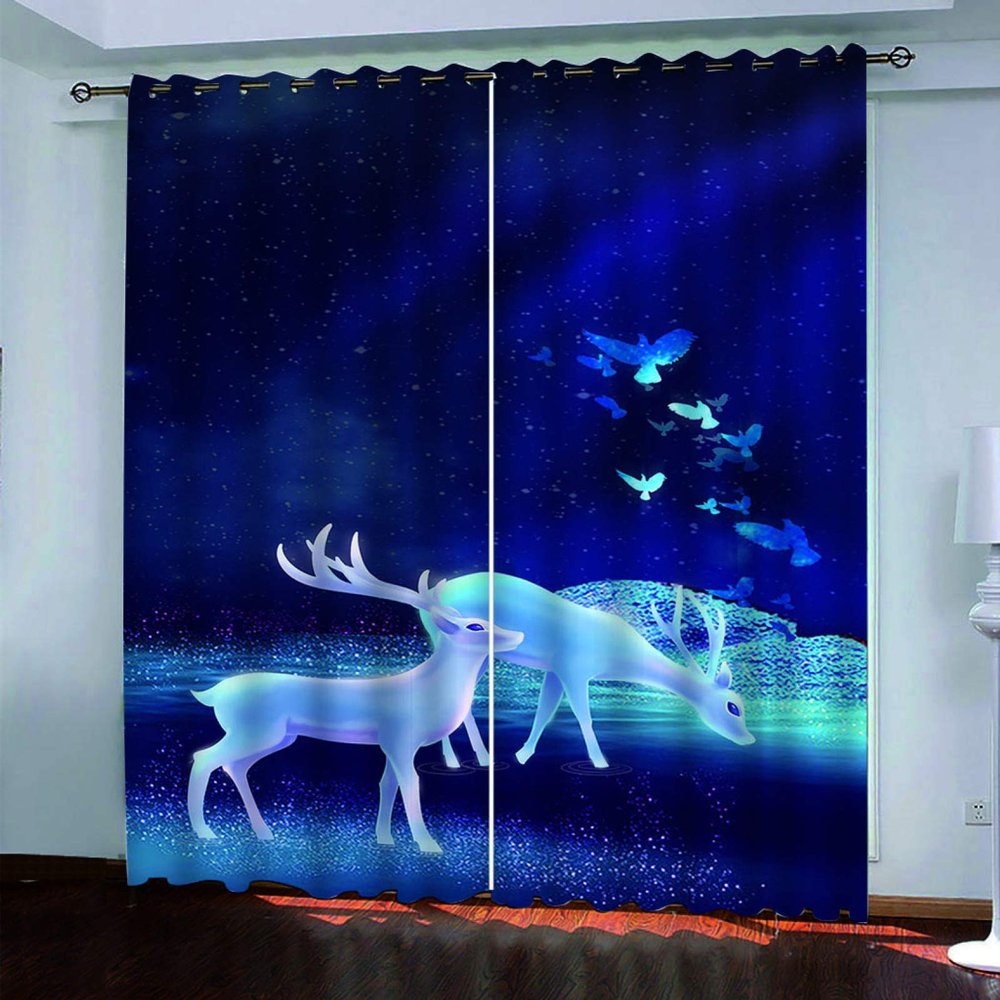 2-Piece Blackout Curtain Set, Blue Starry Sky Deer Pattern