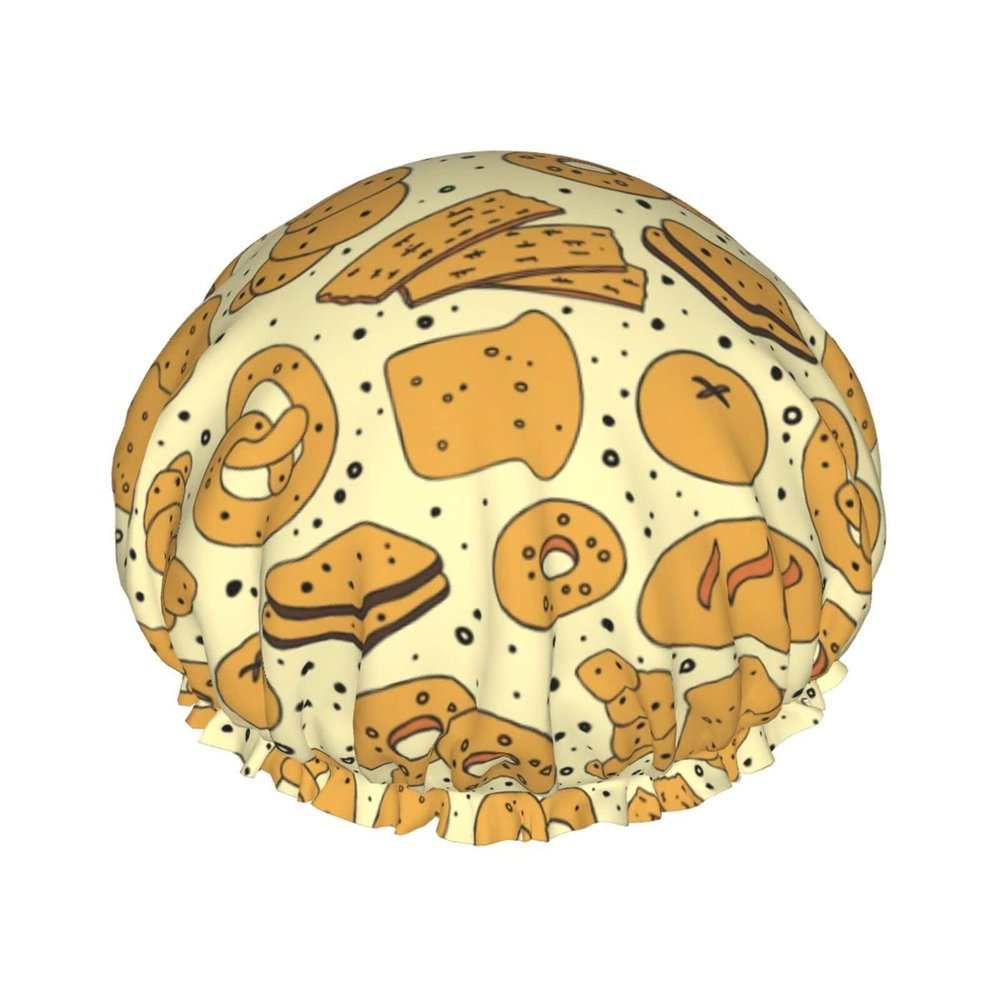Croissant Bread Point Shower Cap for Women, Reusable, for Long Hair, with Elastic Band, Double-Layer, for Adults and Children