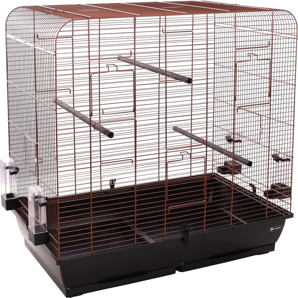 Flamingo Macha Bird Cage/Aviary for Birds, Copper/Black, 78 × 47.5 × 77.5 cm, 3 Wooden Perches, 4 Bowls, 5 Doors, Double Drawers, Made in the EU