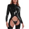 Women's Wet-Look Leather Bodysuit Jumpsuit with Zipper and V-Neck view 3