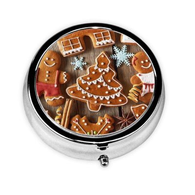 Printed Round Gingerbread Cookie Pill Box with 3 Compartments