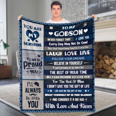 Domgoge Godson Gifts TR-100 Throw Blanket for Godmother, Soft Fleece Flannel, Birthday, Christian Baptism, Inspirational, 130 x 152 cm, Godson Blue