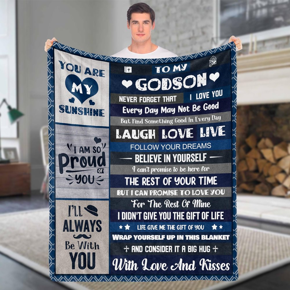 Domgoge Godson Gifts TR-100 Throw Blanket for Godmother, Soft Fleece Flannel, Birthday, Christian Baptism, Inspirational, 130 x 152 cm, Godson Blue