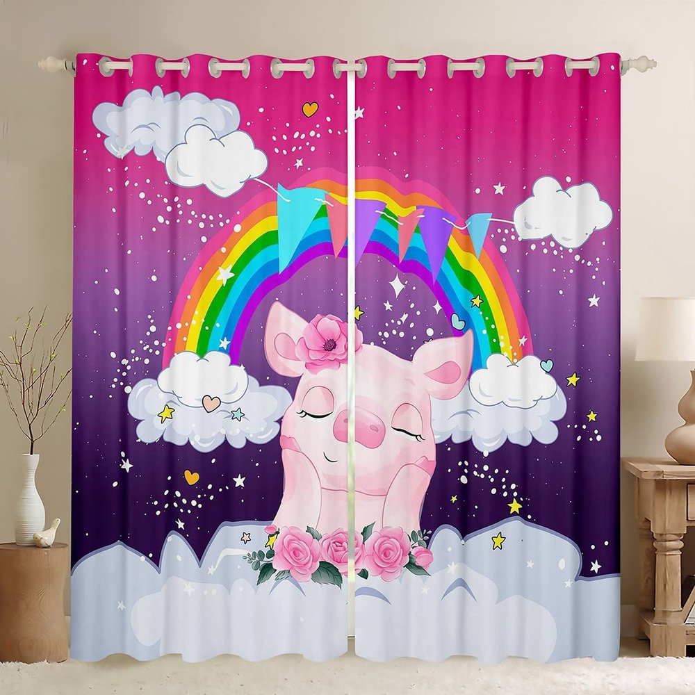 Cartoon Pig Curtains for Kids, Rainbow Cute Animal Galaxy Star Nebula Ombre, 2 Panels