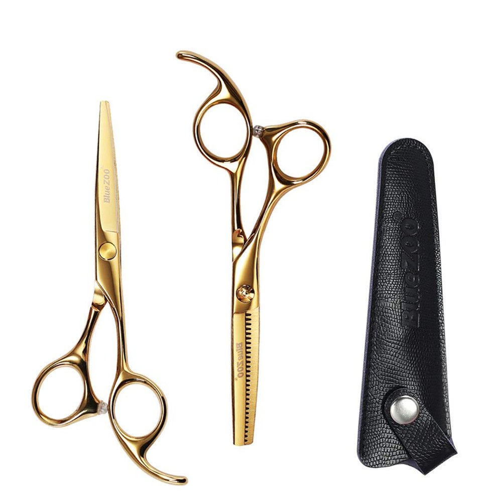 Professional Hair Cutting Scissors Set, 5.5-Inch Stainless Steel Barber Shears with Leather Case, Gold