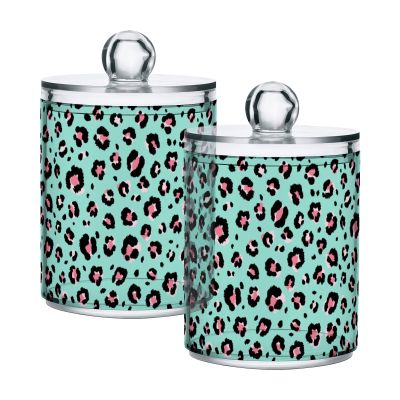 Quteprint 4-Piece Q-Tip Holder Dispenser Set, Leopard Print Transparent Plastic Jars for Cotton Swabs, Floss, Hair Clips and Makeup Sponges