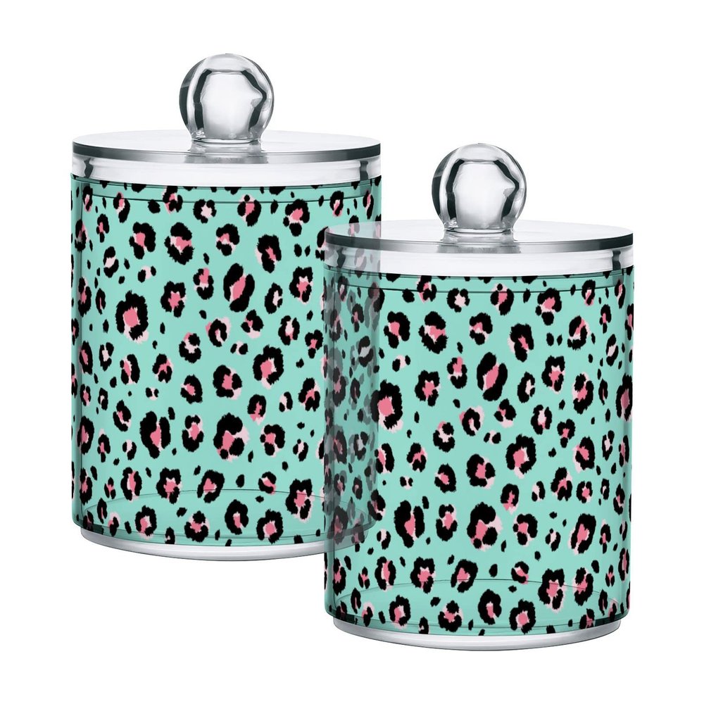 Quteprint 4-Piece Q-Tip Holder Dispenser Set, Leopard Print Transparent Plastic Jars for Cotton Swabs, Floss, Hair Clips and Makeup Sponges