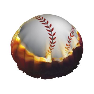 Orange Softball Baseball on Fire and Water Pressure Waterproof Shower Cap for All Hair Lengths