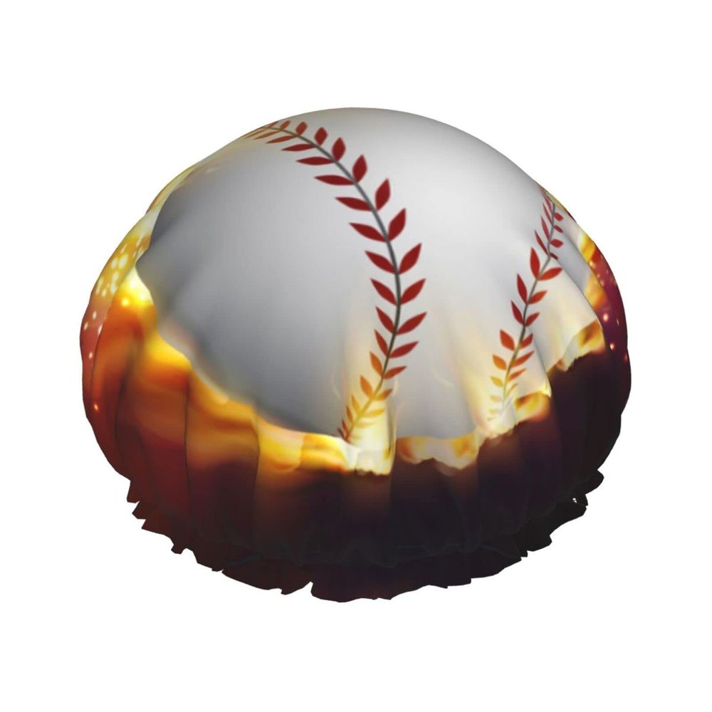 Orange Softball Baseball on Fire and Water Pressure Waterproof Shower Cap for All Hair Lengths