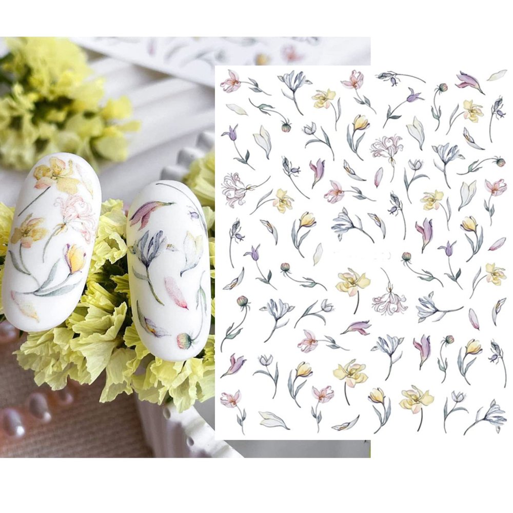 Watercolor Flower & Petal Nail Stickers, 3D Gold Butterflies, Self-Adhesive, Han640