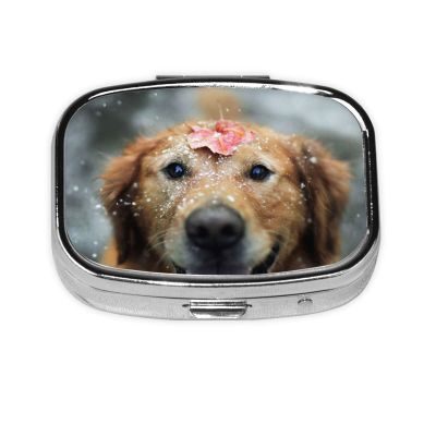 Square Pill Box with 2 Compartments, Happy Dog in Rain Design, for Purse, Wallet, Medicine, Tablets and Vitamins