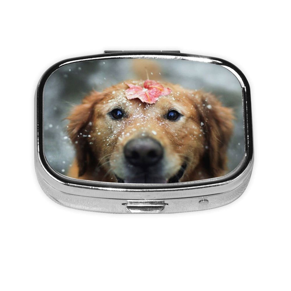 Square Pill Box with 2 Compartments, Happy Dog in Rain Design, for Purse, Wallet, Medicine, Tablets and Vitamins
