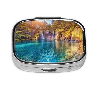 Nature Landscape Square Pill Box with 2 Compartments, Portable Cute Pill Organizer for Purse or Wallet
