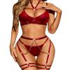 RSLOVE Women's Lingerie Set with Garters - Sexy Bra and Panties, 6-Piece, Red, S view 1