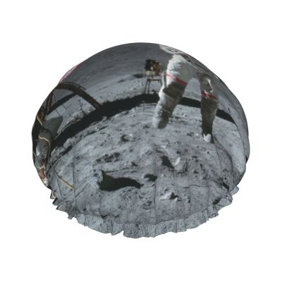 Reusable Shower Caps for Women, Long Hair, Astronaut Moon Landing Print, Double-Layer Waterproof