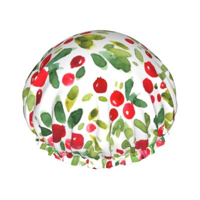 Tropical Cherry Watercolor Shower Cap for Women, Reusable Double-Layer Waterproof Cap with Soft PEVA Lining