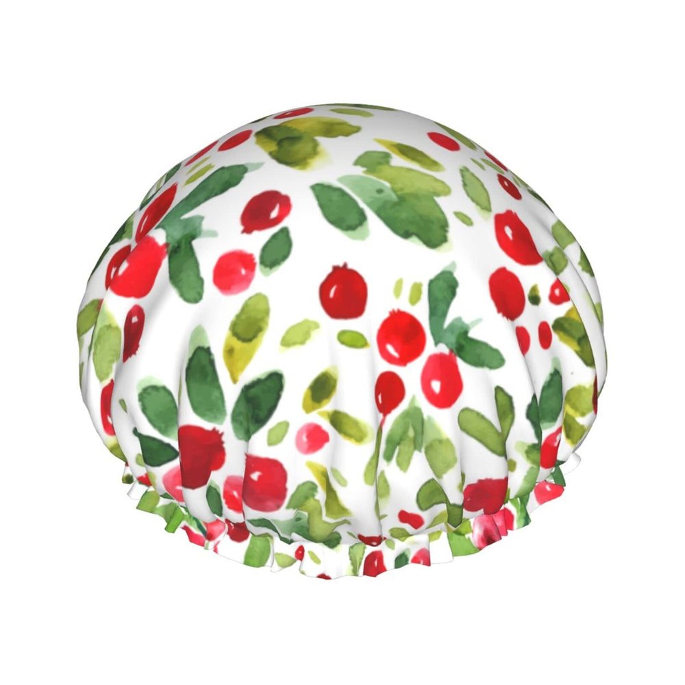 Tropical Cherry Watercolor Shower Cap for Women, Reusable Double-Layer Waterproof Cap with Soft PEVA Lining