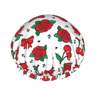Old School Rose Cherry Bow Double-Layer Shower Cap for Women