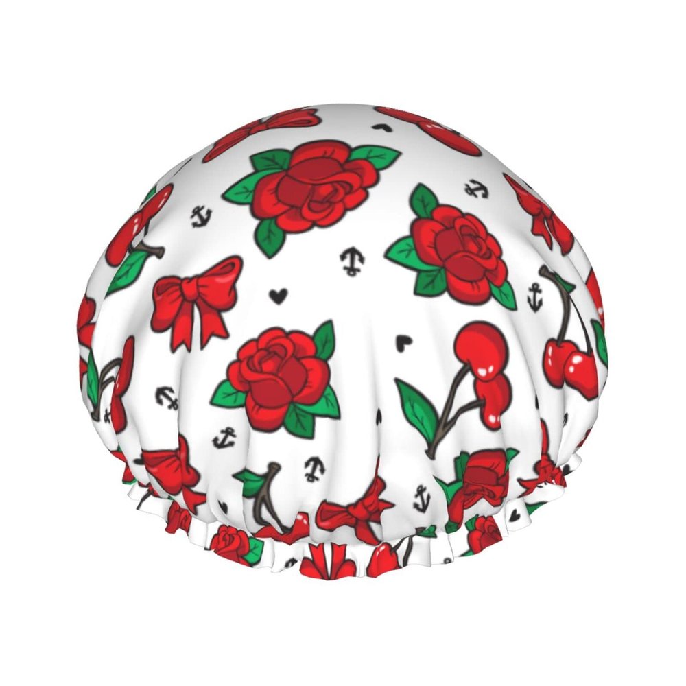 Old School Rose Cherry Bow Double-Layer Shower Cap for Women