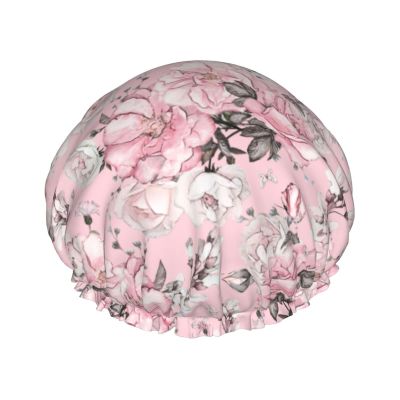Pink Watercolor Flowers and Leaves Shower Cap for Women