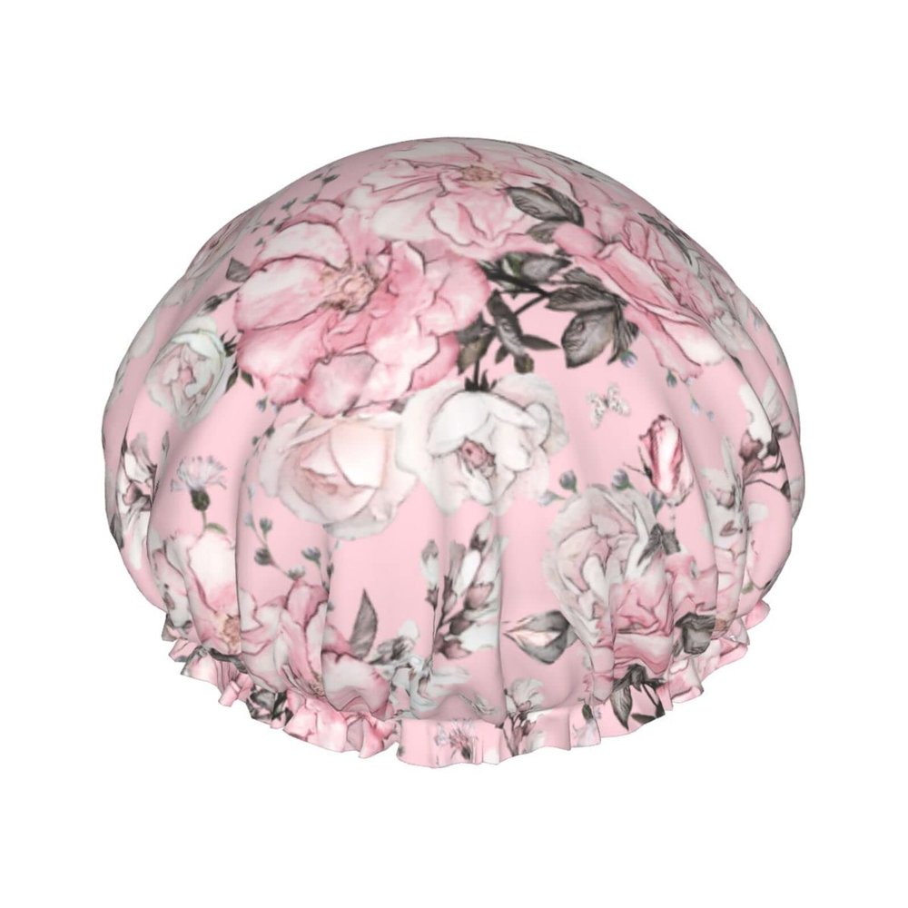 Pink Watercolor Flowers and Leaves Shower Cap for Women
