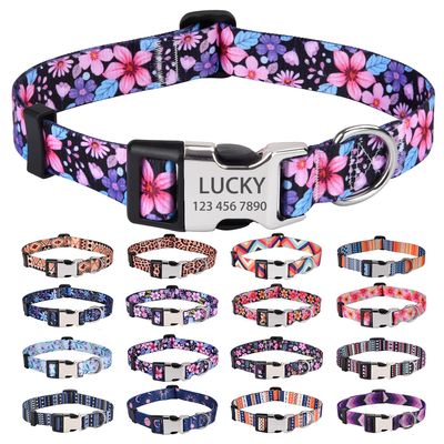 HQYDDMI Personalized Dog Collar, Floral Geometry, Name and Phone Number, Adjustable, Floral A, L