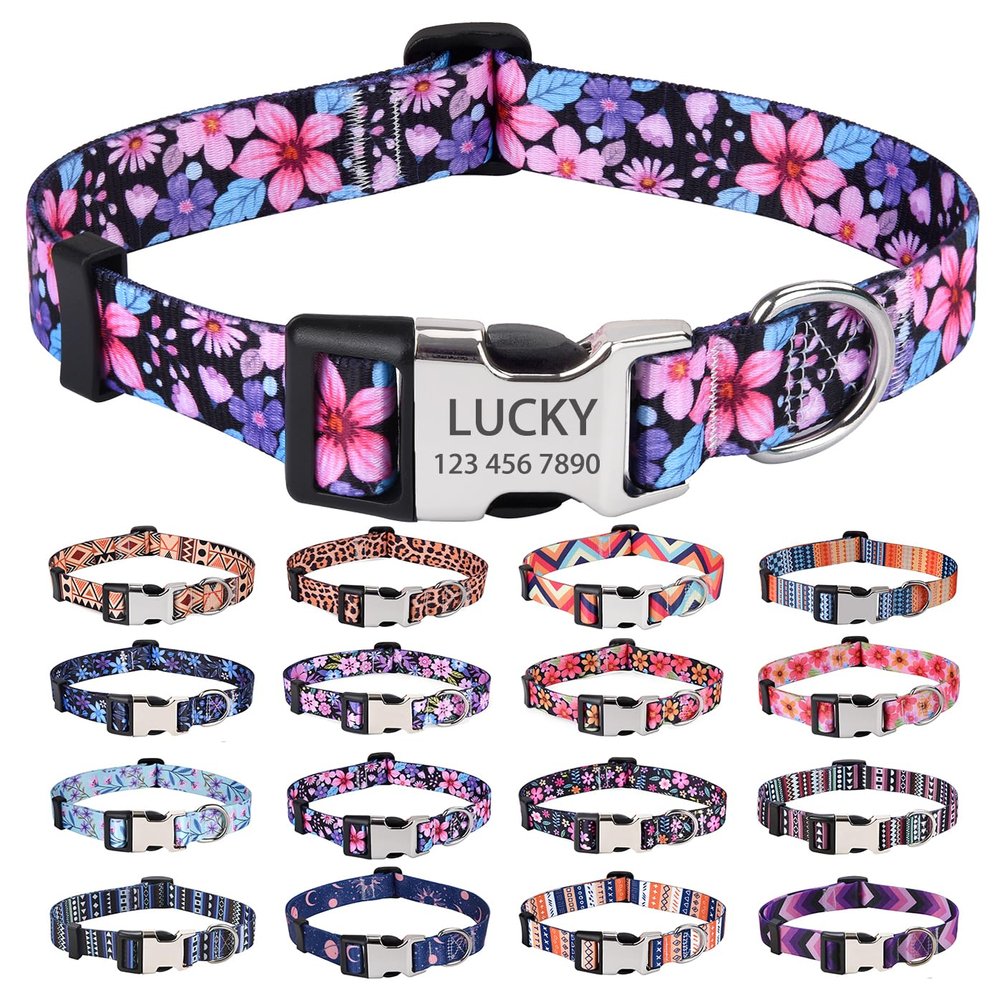 HQYDDMI Personalized Dog Collar, Floral Geometry, Name and Phone Number, Adjustable, Floral A, L