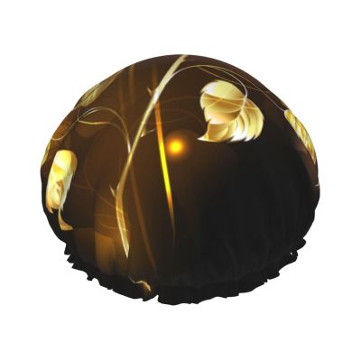 Gold Rose Print Women's Reusable Waterproof Shower Cap