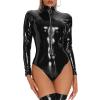 Women's Wetlook Long-Sleeve Bodysuit Catsuit with Zipper, Black, L view 4