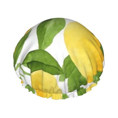 Lemon Yellow Tree-Print Shower Cap for Women, Adjustable and Double-Layer Waterproof