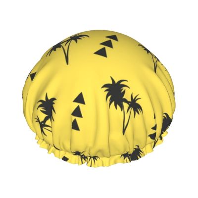 Yellow Palm Shower Cap for Women, Adjustable and Double-Layer Waterproof