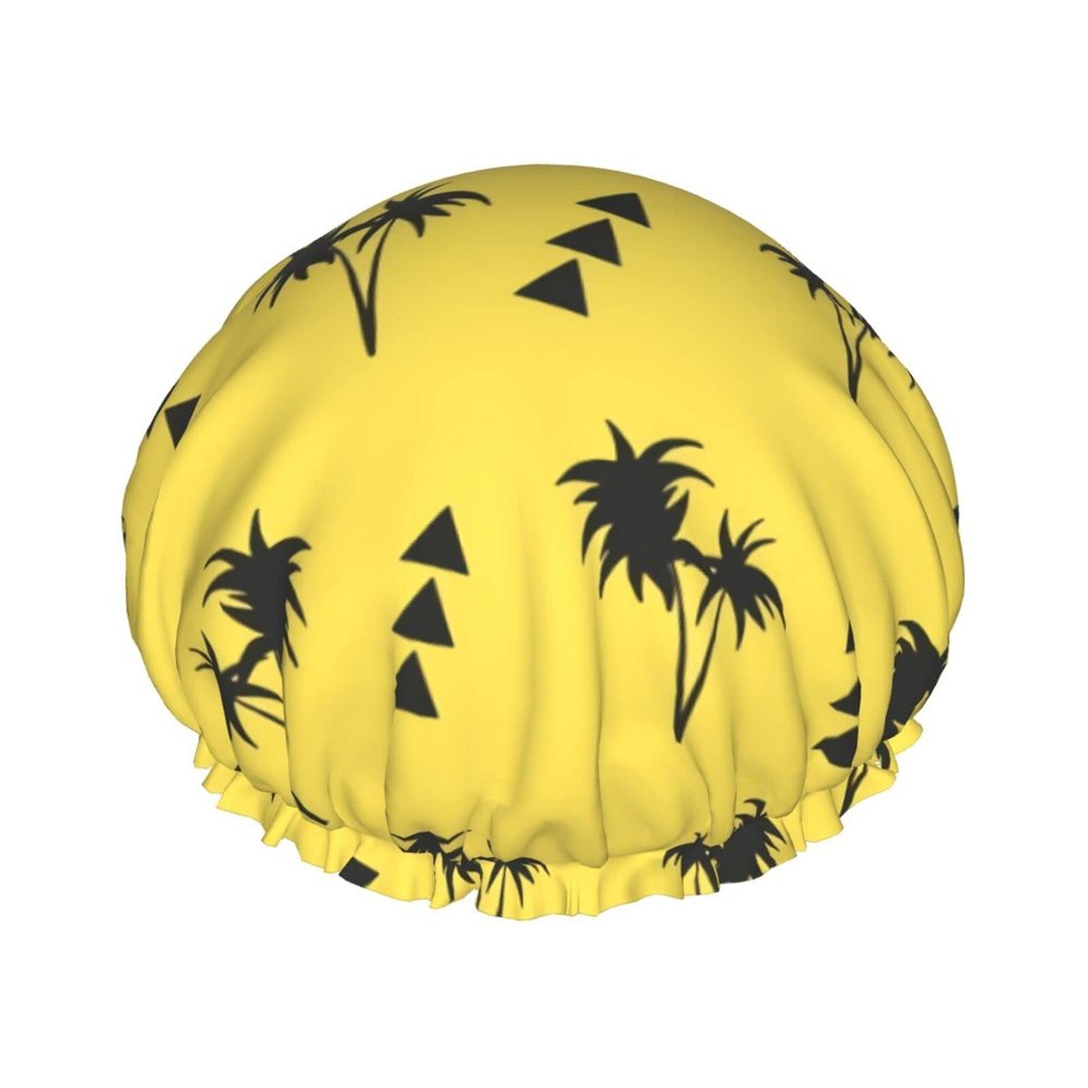 Yellow Palm Shower Cap for Women, Adjustable and Double-Layer Waterproof