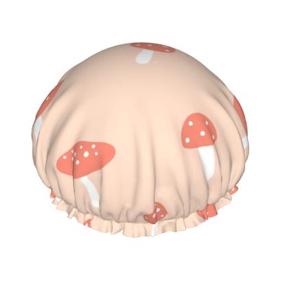 Pink Mushroom Shower Cap for Women, Adjustable, Double-Layer Waterproof