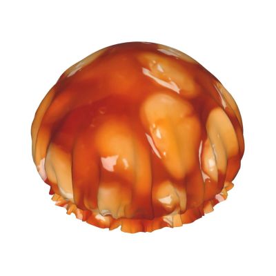 Women's Bean and Tomato Sauce Print Shower Cap, Adjustable, Double-Layer Waterproof, Reusable