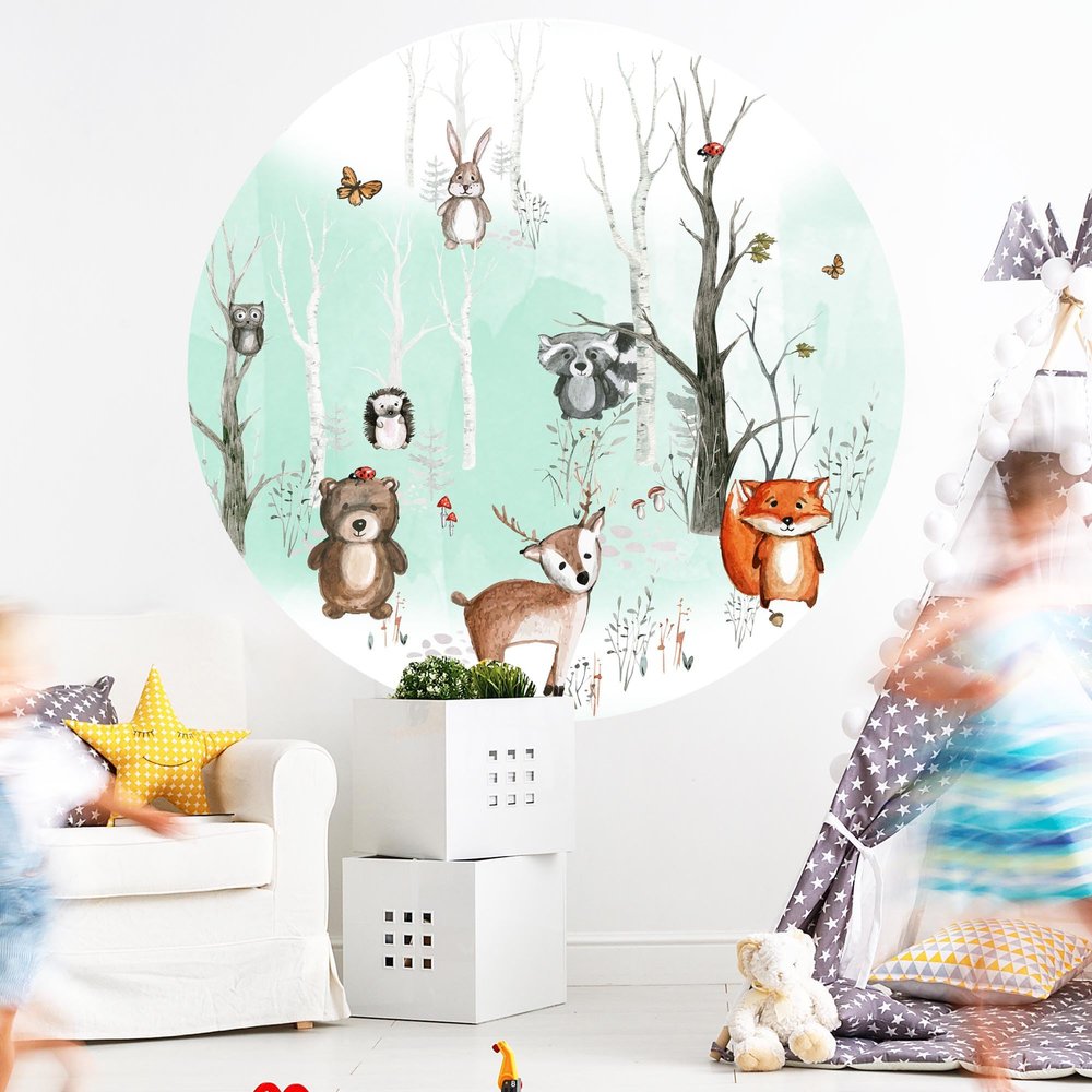 WANDKIND Forest Animals Round Wall Decal for Kids’ Room V282 | Hand-Drawn | Nursery Sticker | Baby Room Wall Decor | Nature Adventure (100 x 100 cm)