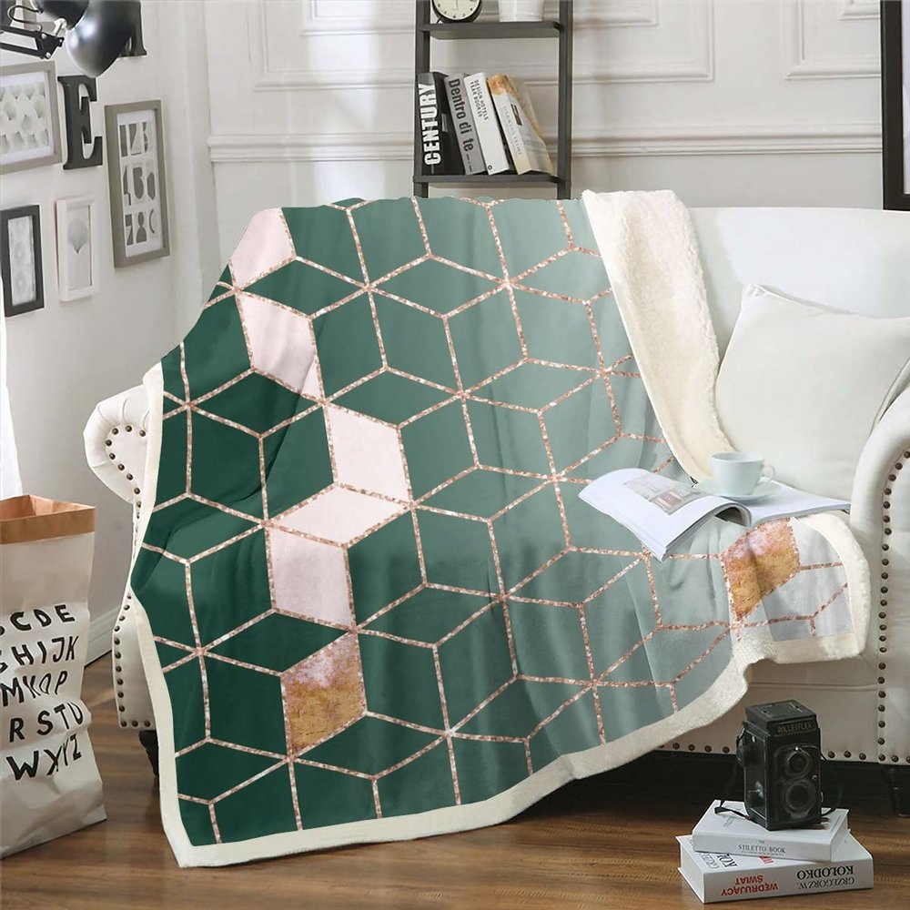 Turquoise Ombre Sherpa Blanket, Geometric Honeycomb Throw, 75 x 100 cm, Gray Gradient