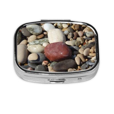 Sea Pebble Rocks Stones Pill Organizer, 2 Compartments, Portable Metal Medicine Case