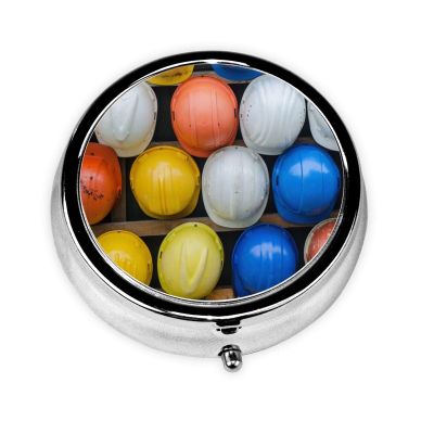 Small Metal Pill Case with Construction Helmets, 3 Compartments