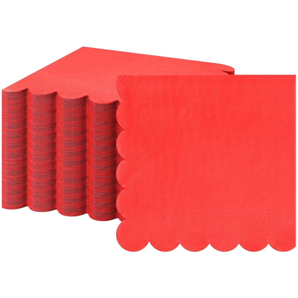 Fuutreo Red Cocktail Napkins, 2-Ply, Scalloped Edge, 5 x 5 in Folded, 200 Count