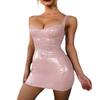 HEARTTOUCH Women's Faux Leather Bodycon Dress, Backless Sling Party Cocktail Dress, Wet-Look Clubwear, Sleeveless Mini Corset Dress (Pink, XXL) view 1