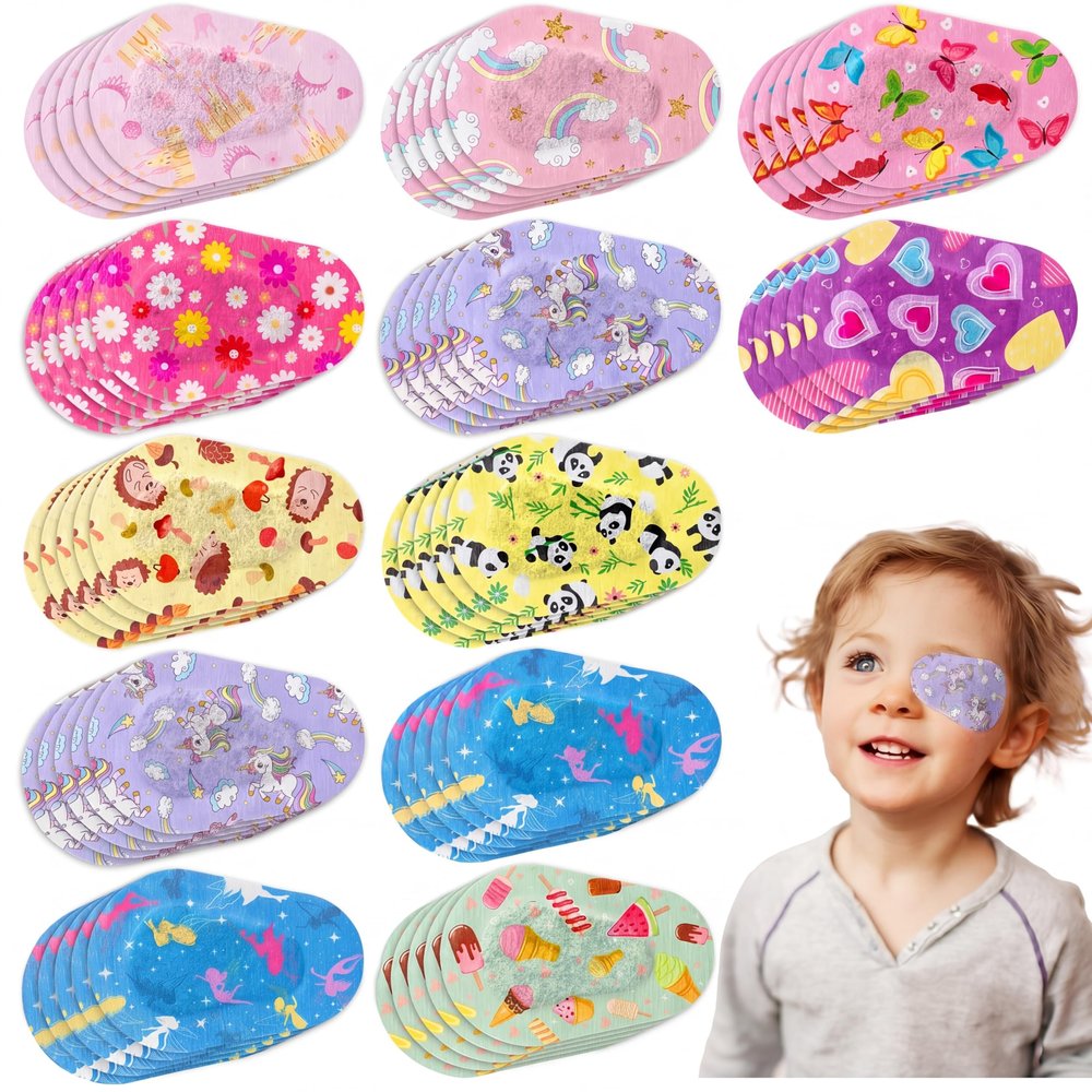 Panitay Self-Adhesive Eye Patches for Children and Girls, Cotton, Breathable, for Pediatric Amblyopia, 12 Styles, Regular Size (120), 60 Count