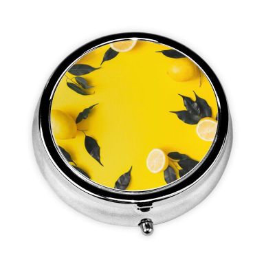 Portable Yellow Lemon-Print Round Metal Pill Box