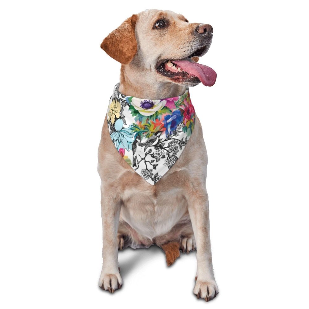 Garden Wildflowers Birds Leaves Branches Dog Bandana, Soft Washable Adjustable Pet Scarf