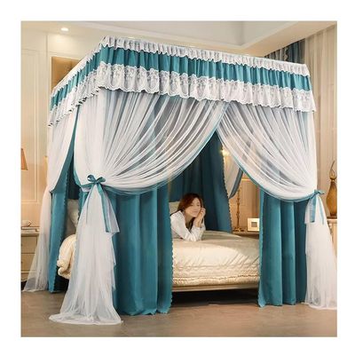 2 m Double-Layer Embroidered Lace Canopy Mosquito Net with Metal Stand, Blue, 200 x 220 x 200 cm