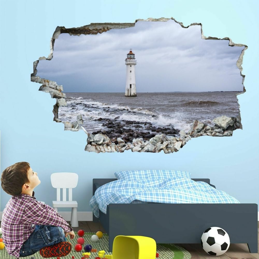 3D Wall Sticker, Broken Lighthouse, Ocean Pier, Removable Vinyl Wall Art