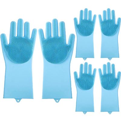 BAMFY 3 Pairs Silicone Cleaning Gloves with Sponge Brushes, Reusable, for Kitchen, Household, Dishes, Housework and Car Washing (Color: Blue A, Size: 120 g)