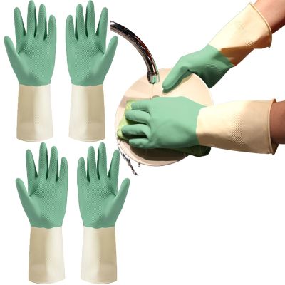 BAMFY Non-Slip Reusable Rubber Cleaning Gloves, 3 Pairs, Waterproof, Green, Size M