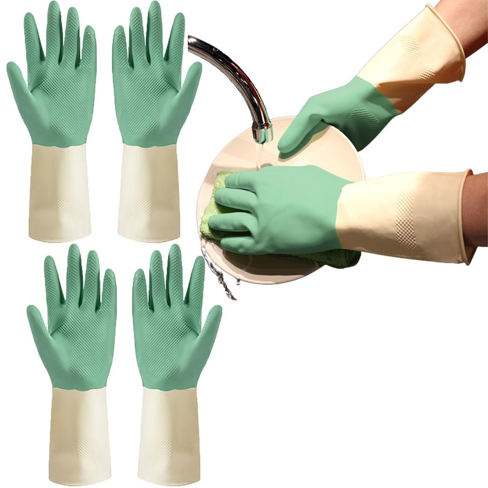 BAMFY Non-Slip Reusable Rubber Cleaning Gloves, 3 Pairs, Waterproof, Green, Size M
