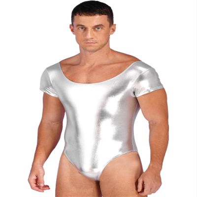 MSemis Men's Metallic Short-Sleeve Thong Bodysuit, Silver, L