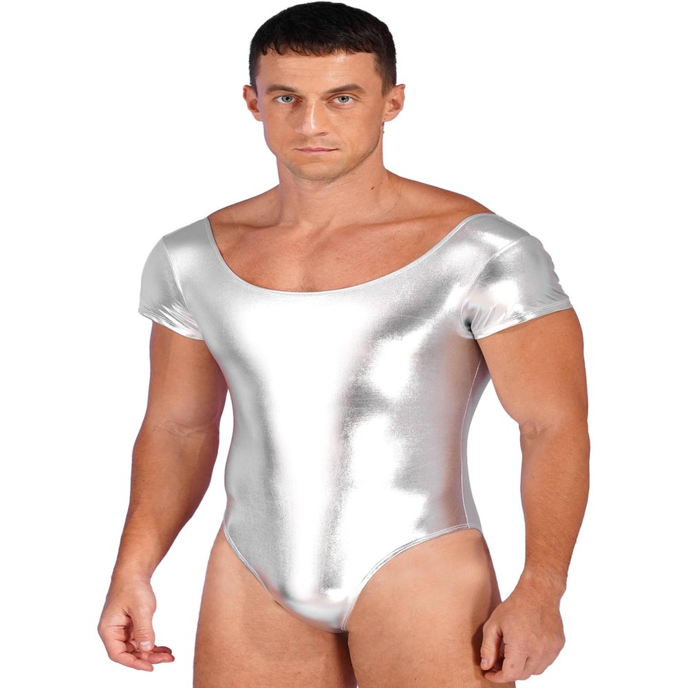 MSemis Men's Metallic Short-Sleeve Thong Bodysuit, Silver, L
